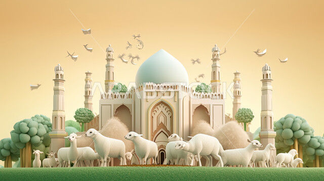 خرفان و أضاحي الأعياد و المناسبات الاسلامية, رسوم ثلاثية الأبعاد لخواريف  بيضاء , قربان عيد الأضحى المبارك, خلفية مسجد.