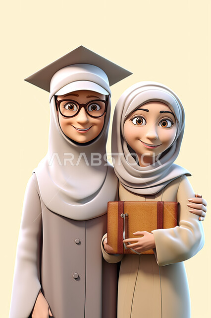 ايماءات وجه تدل على السعادة و الفرح، رسوم ثلاثية الأبعاد لشابة محجبة ترتدي قبعة التخرج برفقة صديقتها، مدارس و جامعات المملكة العربية السعودية.