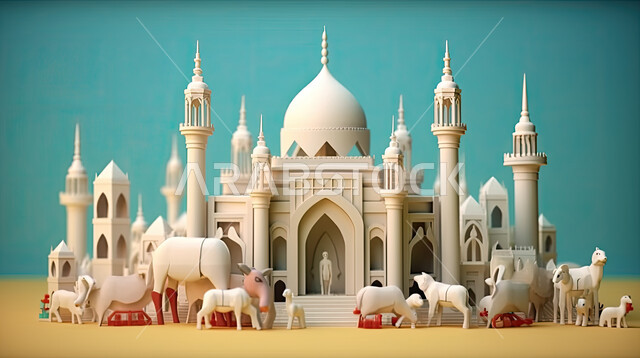 Islamic architecture, Islamism and worship, a picture of a mosque in green desert areas with creative designs, Islamic architectural art, Islamic holy places, distinctive Islamic backgrounds