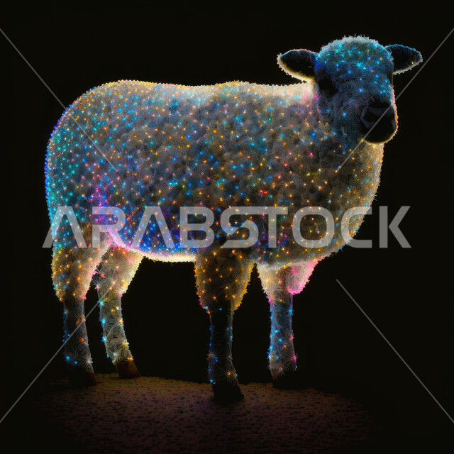 أعياد دينية إسلامية, مجسم ثلاثي الابعاد لحيوان الخاروف المضيء ،رسوم بيانية ثري دي لحيوان الغنم الثدي ، أضحية وقربان عيد الاضحى المبارك، خاروف مزخرف بخلفية سوداء