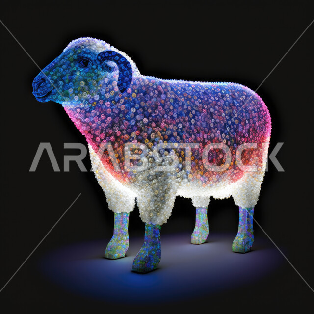 أعياد دينية إسلامية, مجسم ثلاثي الابعاد لحيوان الخاروف المضيء ،رسوم بيانية ثري دي لحيوان الغنم الثدي ، أضحية وقربان عيد الاضحى المبارك، خاروف مزخرف بخلفية سوداء