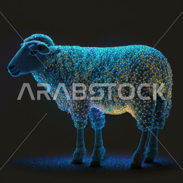 Islamic religious holidays, a 3D model of a luminous sheep animal, 3D graphics of a sheep breast animal, a sacrifice and an offering for Eid al-Adha, a sheep decorated with a black background