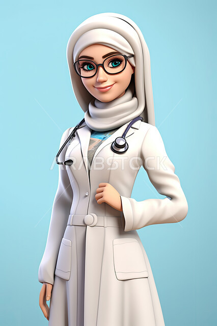 مفهوم الخدمات الطبية , صورة بيانية ثلاثية الأبعاد لطبيبة عربية سعودية خليجية ترتدي المعطف الطبي و تضع سماعات الطبيب لسماع نبضات القلب , ايماءات وجه تدل على السرور والرضا لمساعدة المرضى , خلفية زرقاء.