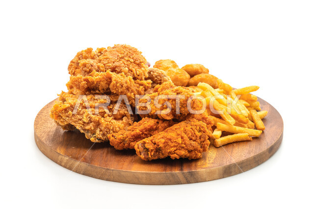 A dish of crispy fried chicken and fries, delicious broasted chicken, fast food meals, food and restaurants of Saudi Arabia, unhealthy meals, white background