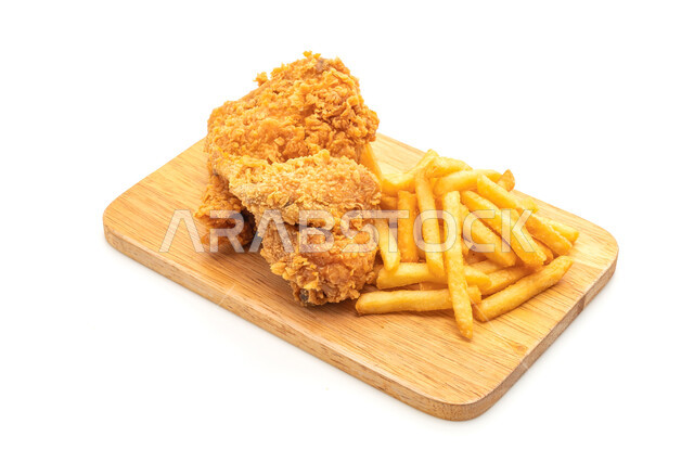 طبق قطع الدجاج والبطاطا المقلية المقرمش، دجاج بروستد الشهي، وجبات المطاعم السريعة, مأكولات ومطاعم المملكة العربية السعودية, وجبات غير صحية, خلفية بيضاء