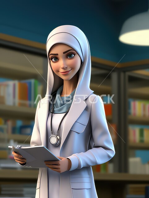 مفهوم الطب و الرعاية الصحية, رسم ثلاثي الأبعاد لطبيبة عربية خليجية سعودية محجبة ترتدي المعطف الطبي و سماعات الطبيب تحمل سجلات المرضى, ايماءات وجه تدل على السعادة, دراسة و مراجعة حالات المرضى.