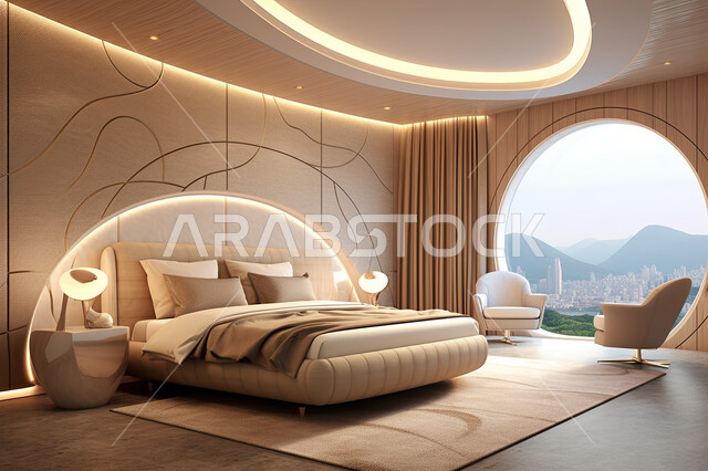 غرفة نوم بتصاميم عصرية حديثه بإطلالة جبلية ، تصاميم عصرية للشقق والفلل السكنية، ديكورات داخليه ، تحف و إكسسوارات ، أثاث منزلي و ديكور داخلي راقي.