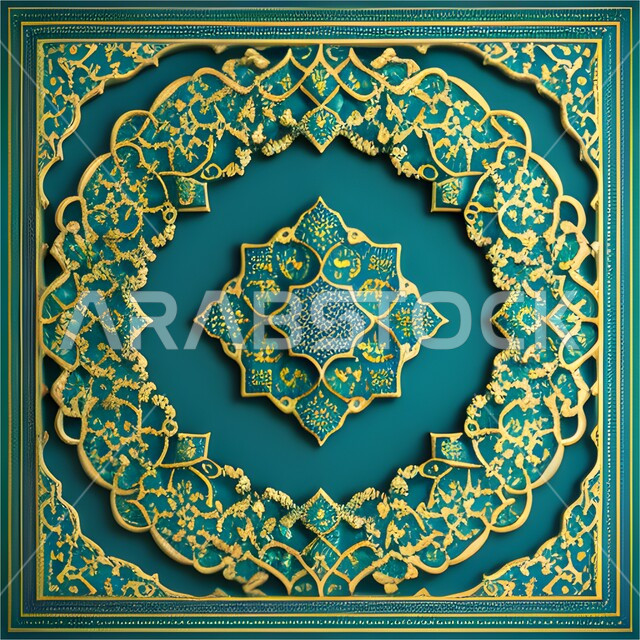 زخرفة عربية باللون الأزرق و الذهبي, قالب تصميم إسلامي مزخرف, أشكال و زخرفات ملونة جميلة, خلفية اسلامية.