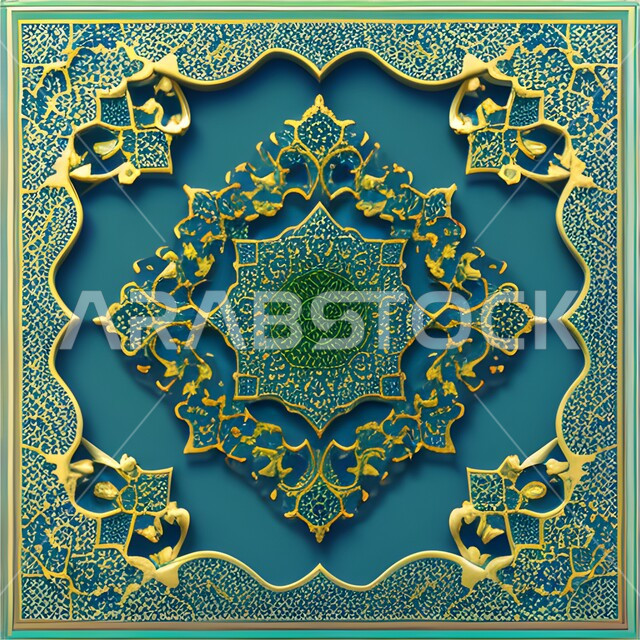 زخرفة عربية باللون الأزرق و الذهبي, قالب تصميم إسلامي مزخرف, أشكال و زخرفات ملونة جميلة, خلفية اسلامية.