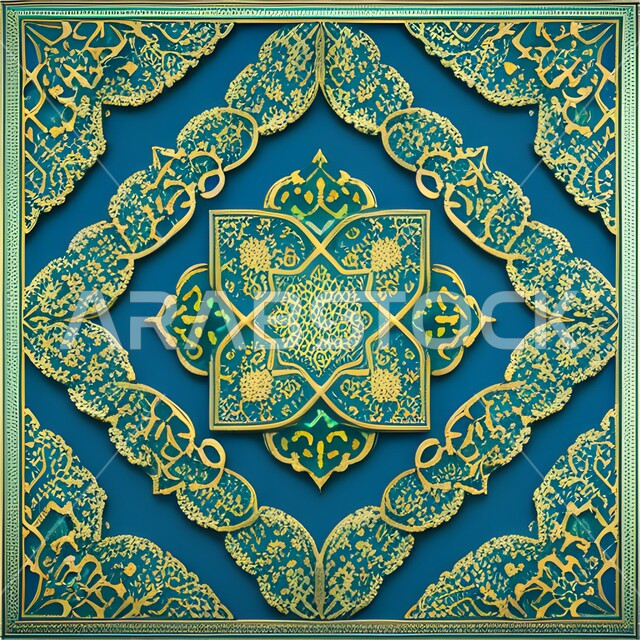زخرفة عربية باللون الأزرق و الذهبي, قالب تصميم إسلامي مزخرف, أشكال و زخرفات ملونة جميلة, خلفية اسلامية.