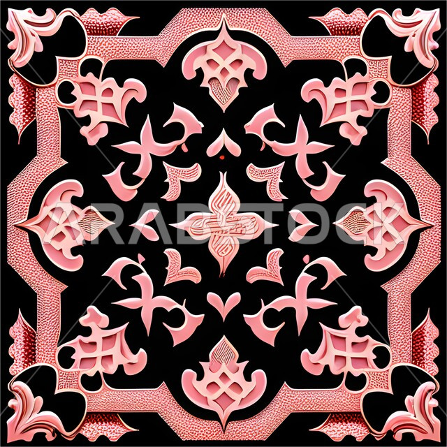 زخرفة عربية, قالب تصميم إسلامي مزخرف باللون الأسود و الوردي, أشكال و زخرفات ملونة جميلة, خلفية اسلامية.