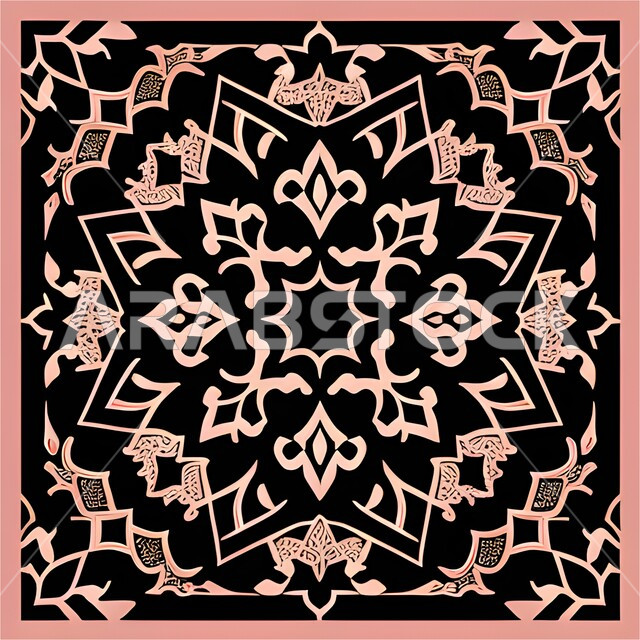 تصميم إسلامي مزخرف باللون الأسود و الوردي, قالب زخرفة عربية, أشكال و زخارف ملونة جميلة, خلفية اسلامية.