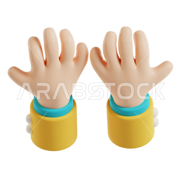 أدعية وتسابيح واستغفار، الاجتهاد في العبادة والتقرب إلى الله تعالى في شهر رمضان المبارك، رسم توضيحي ثلاثي الأبعاد لإيماءة يدين تدل على الدعاء، رمز إسلامي ثري دي.