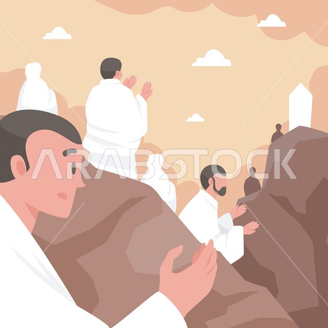 رسوم كرتونية توضيحية لحجاج بيت الله الحرام على جبل عرفات, وقفة عرفة على جبل الرحمة، اداء مناسك الحج في موسم الحج 2023، الدعاء و الطلب من الله تعالى، العبادة والتقرب الى الله, اسلاميات وعبادة.