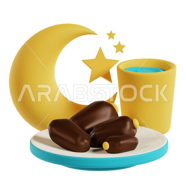 إفطار صحي في شهر رمضان المبارك، رسم توضيحي ثلاثي الأبعاد لطبق من التمر مع كأس من الماء، وجبة ذات قيمة غذائية عالية، ضيافة رمضانية، خلفية بيضاء، رمز إسلامي ثري دي