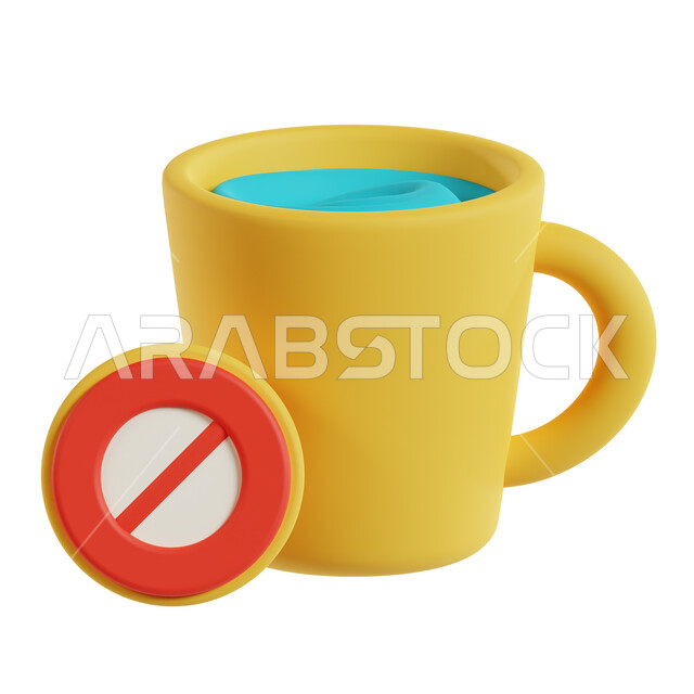 الامتناع عن الطعام والشراب وقت الصيام في شهر رمضان المبارك، رسم توضيحي ثلاثي الأبعاد لكوب من الماء على خلفية بيضاء, اسلاميات وعبادة، رمز ثري دي . 