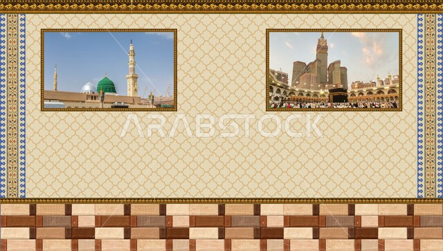 Wall paintings of the Sacred House of God and the Prophet’s Mosque, a background of Islamic decorations, religious Islamic backgrounds, a painting of the honorable Kaaba in Makkah Al-Mukarramah, a painting of the Prophet’s Mosque in Medina.