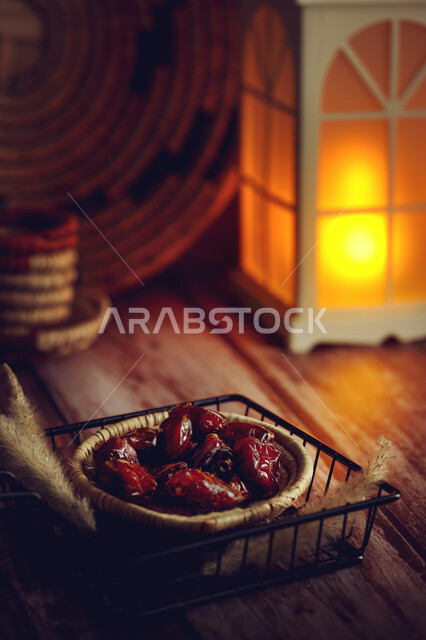 Luminous metal lantern, lighting and decorations for the month of Ramadan, sharing the Ramadan atmosphere, a meal with high nutritional value, a close-up of a dish of delicious healthy dates