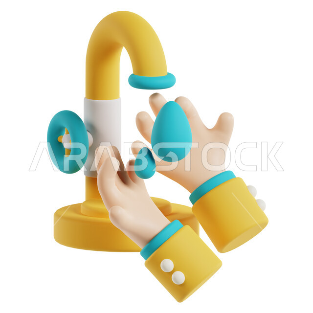 The concept of the pillars of ablution, a 3D illustration of two hands performing ablution, purity and ablution, a water tap, basins and sinks for ablution, a 3D icon.