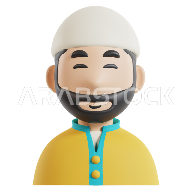 ايماءات تدل على السعادة والبشاشة، رسم توضيحي ثلاثي الأبعاد لرجل عربي سعودي خليجي يرتدي الثوب السعودي، رمز إسلامي ثري دي، أيقونة رمضانية. 