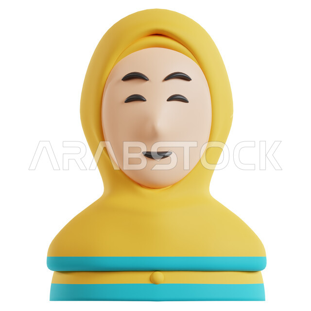 ايماءات تدل على السعادة والبشاشة، رسم توضيحي ثلاثي الأبعاد لام أة عربية سعودية خليجية محجبة، رمز إسلامي ثري دي، أيقونة رمضانية.
