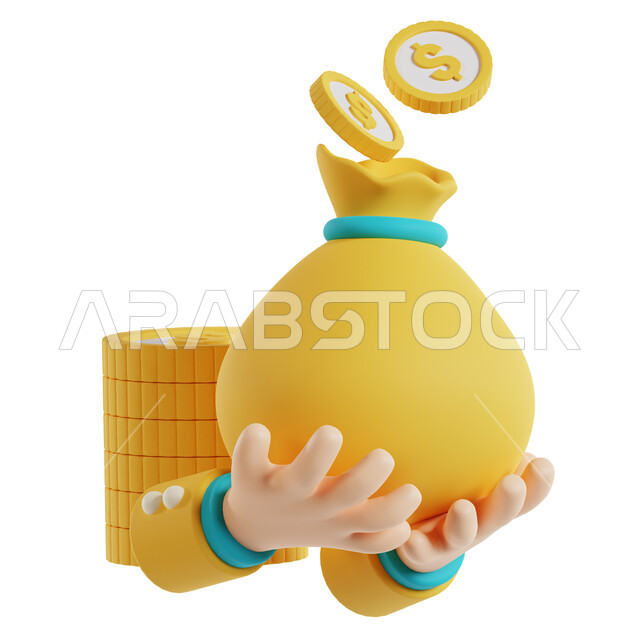 المساعدة والتبرع ، الصدقة في شهر رمضان ،  رسوم توضيحية ثلاثية الأبعاد لكيس نقود معدنية، جمعيات خيرية في السعودية ، اخراج زكاة المال للمحتاجين ، رمز ثري دي .