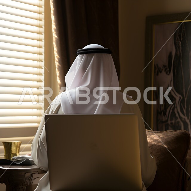 العمل المكتبي من المنزل, صورة من الخلف لرجل عربي خليجي سعودي يرتدي الزي السعودي التقليدي ويجلس على كرسي مكتب, متابعة الأعمال عن بعد, الإتقان و الجد في العمل.