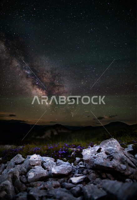 مشهد لمجرة درب التبانة و النجوم اللامعة في سماء السعوديه, جبال ومرتفعات المملكة العربية السعودية في وضع الليل ، التضاريس والبيئة الجبلية و الطبيعية الخلابة،  خلفية الطبيعة.