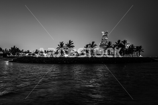 صورة أسود و أبيض لكورنيش جدة في المملكة العربية السعودية، الواجهة البحرية لمدينة جده, أماكن طبيعية ترفيهية, معالم سياحية مشهورة.