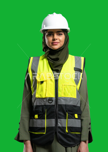 العمل في المجال الهندسي, بورتريه لمهندسة عربية خليجية سعودية محجبة ترتدي الخوذة وسترة الحماية الخاصة بالعمل مبتسمة وتنظر إلى الكاميرا، مفهوم الهندسة و الإنشاءات, كروما، خلفية خضراء.