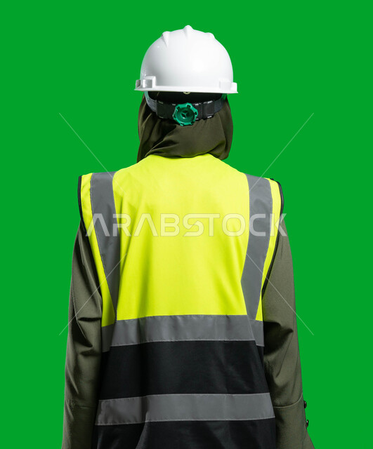 Women's jobs and professions, working in the engineering field, a close-up portrait of a veiled Saudi Arabian Gulf engineer wearing a helmet and a protection jacket, a concept of engineering and architectural construction, chroma, green background.