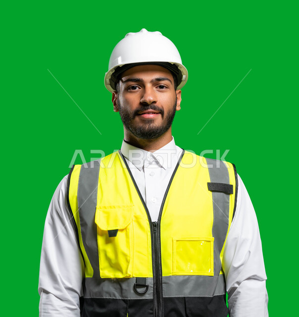 مفهوم الهندسة و الإنشاءات المعمارية, بورتريه مقرب لمهندس عربي خليجي سعودي يرتدي الخوذة وسترة الحماية مبتسم وينظر إلى الكاميرا، العمل في المجال الهندسي, كروما، خلفية خضراء. 