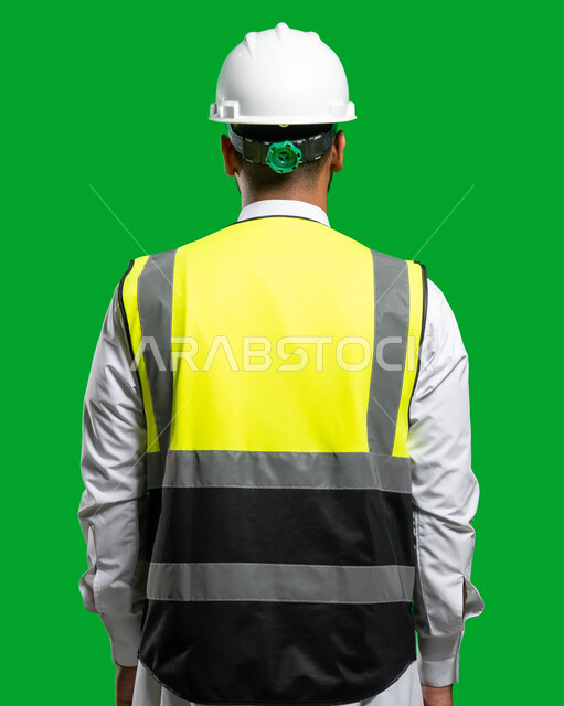 العمل في المجال الهندسي, بورتريه من الخلف لمهندس عربي خليجي سعودي يرتدي الخوذة وسترة الحماية، مفهوم الهندسة و الإنشاءات المعمارية, كروما، خلفية خضراء.