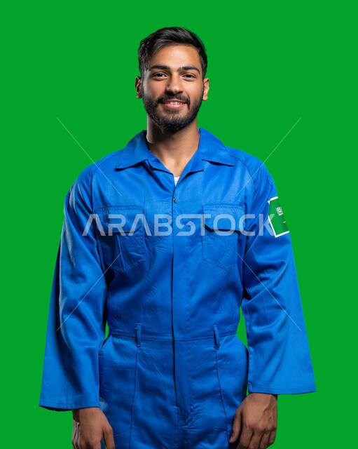 رحلة الخليج نحو العالم الخارجي, احتراف قيادة المركبات والسفن الفضائية, بورتريه مقرب لرائد فضاء عربي خليجي سعودي مبتسم يرتدي بدلة الفضاء الزرقاء السعودية ينظر الى الكاميرا, تطور قطاع الفضاء في المملكة العربية السعودية, رواد فضاء سعوديين, كروما, خلفية خضراء