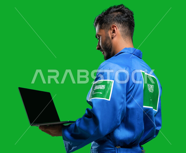 The concept of aeronautics and space engineering, tracking and directing the process of spacecraft through computers and satellites, a side portrait of a Saudi Arabian Gulf astronaut wearing a blue spacesuit with the emblem of the Saudi flag, professional