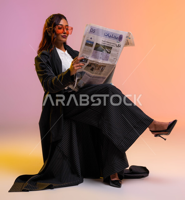 ممارسة هواية القراءة وحب التعلم والثقافة, تصفح الجرائد ومتابعة أحدث تصاميم الموضة, الإطلاع على الأخبار والمقالات والأحداث العالمية, بورتريه لشابة عربية خليجية سعودية ترتدي لباس رسمي عصري ونظارات شمسية تقوم بقراءة الصحيفة,  خلفية ملونة