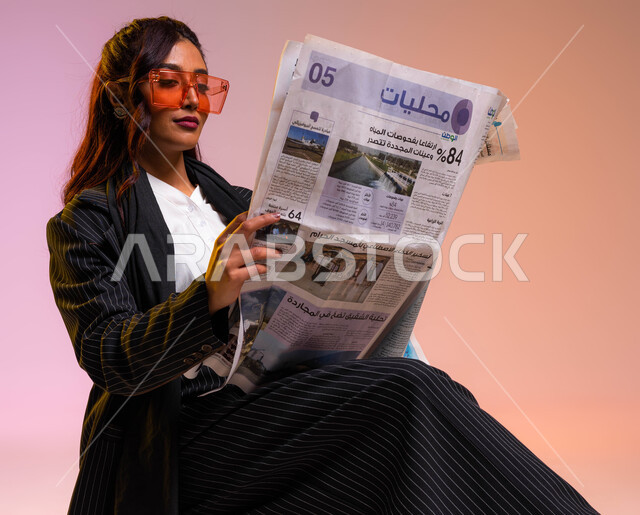 تصفح الجرائد ومتابعة أحدث تصاميم الموضة, الإطلاع على الأخبار والمقالات والأحداث العالمية, بورتريه مقرب لإمرأة عربية خليجية سعودية ترتدي لباس رسمي عصري ونظارات شمسية تقوم بقراءة الصحيفة, ممارسة هواية القراءة, حب التعلم والثقافة, خلفية ملونة