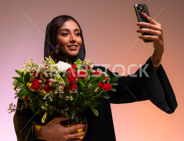 إلتقاط صور سيلفي تذكارية عبر الجوال, ايماءات تدل على الفرح والسعاده, محلات ومتاجر بيع وشراء الأزهار, ورود وزهور طبيعية جميلة للأعياد والمناسبات, بورتريه مقرب لامرأة عربية خليجية سعودية مبتسمة ترتدي عباءة سوداء تحمل بيدها حوض ورد أحمر فاخر، خلفية ملونة