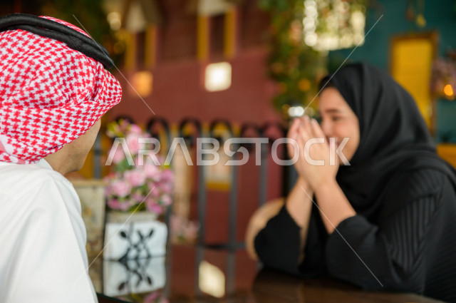 A Saudi Arabian Gulf couple spend a romantic and wonderful atmosphere in the restaurant, celebrate the wedding anniversary, celebrate Valentine's Day, a birthday event, a unique and special session, restaurants and cafes in Saudi Arabia