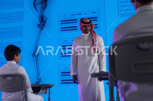 التعليم المتطور باستخدام شاشات إلكترونية وتقنيات حديثة، طرق التعليم المتطورة، معلم عربي خليجي سعودي يقوم بشرح الدروس للطلاب، أساليب وإستراتيجيات جديدة في نظام  التعليم في المدارس السعودية، رؤية مستقبلية 2030