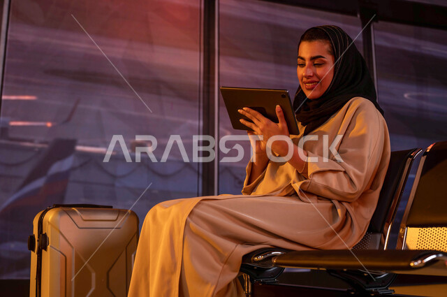  رحلة عمل، الجلوس في صاله الإنتظار في المطار، سيدة اعمال عربية خليجية سعودية مبتسمة تستخدم جهاز التابلت لإنجاز مهام العمل أونلاين، سائحة محجبة ترتدي عباءة ملونة،  إيماءات السرور للسفر و السياحة، قضاء رحلة صيفيه ممتعة، إنتظار ركوب الطائرة عند غروب الشمس