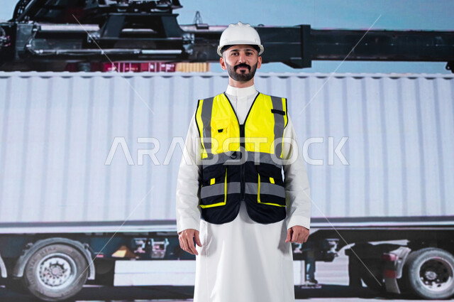 استخدام الآلات المتطوره الحديثه في الإستيراد والتصدير, ميناء شحن البضائع و الحاويات التجارية, مهندس عربي سعودي خليجي مبتسم ينظر الى الكاميرا يقوم بالاشراف على استلام ونقل الكونتينرات، خلفية شاحنة.