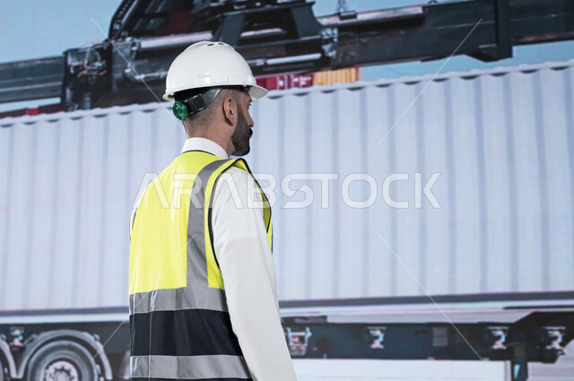  الاشراف و المراقبة على استلام ونقل الكونتينرات, استخدام الآلات المتطوره الحديثه في الإستيراد والتصدير,  صورة من الخلف لمهندس عربي سعودي خليجي في ميناء شحن البضائع و الحاويات التجارية، خلفية شاحنة.