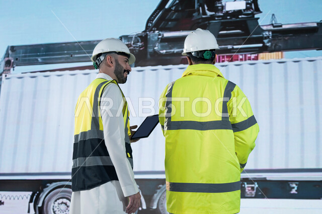 الإشراف على توصيل ونقل الكونتينرات، ميناء شحن البضائع و الحاويات التجاريه، صورة من الخلف لمهندسان عربيان سعوديان خليجيان يقومان بمراجعة قوائم الشحن البري عبر جهاز التابلت, استخدام الآلات المتطوره الحديثه في الإستيراد والتصدير.
