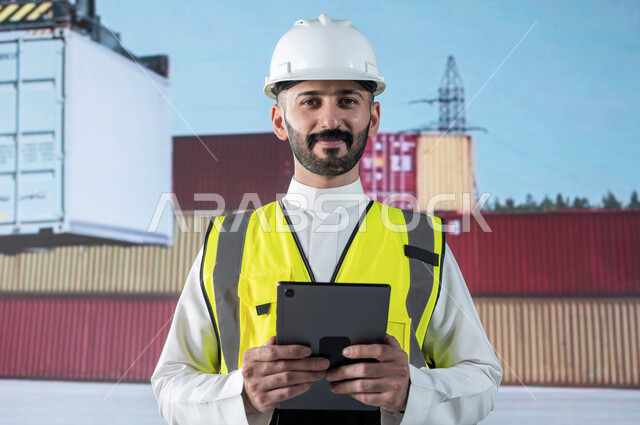 مراجعه قوائم الشحن و الطلبيات, دمج التقنية و التكنولوجيا و الآلات المتطوره في الإستيراد والتصدير, المراقبة و الاشراف على استلام ونقل الكونتينرات, صورة مقربة لمهندس عربي سعودي خليجي يحمل مبتسم يحمل بيده جهاز التابلت في ميناء شحن البضائع و الحاويات التجارية