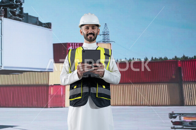 Integration of technology, technology and advanced machines in import and export, monitoring and supervising the receipt and transfer of containers, an Arab Saudi Gulf engineer holding a smiley holding a tablet in the port of shipping goods and commercial
