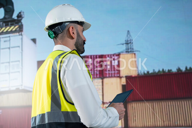 استخدام التقنية و التكنولوجيا و الآلات المتطوره في الإستيراد والتصدير, المراقبة و الاشراف على استلام ونقل الكونتينرات, صورة من الخلف لمهندس عربي سعودي خليجي يحمل بيده جهاز التابلت في ميناء شحن البضائع و الحاويات التجارية, مراجعة قوائم الشحن و الطلبيات.