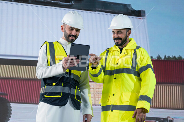إعطاء تعليمات العمل من قبل المدير, ميناء شحن البضائع و الحاويات التجاريه، مهندسان عربيان سعوديان خليجيان مبتسمان يقومان بالاشراف على توصيل ونقل الكونتينرات بإستخدام جهاز التابلت، استخدام الآلات المتطوره الحديثه في الإستيراد والتصدير, رؤية مستقبلية 2030.