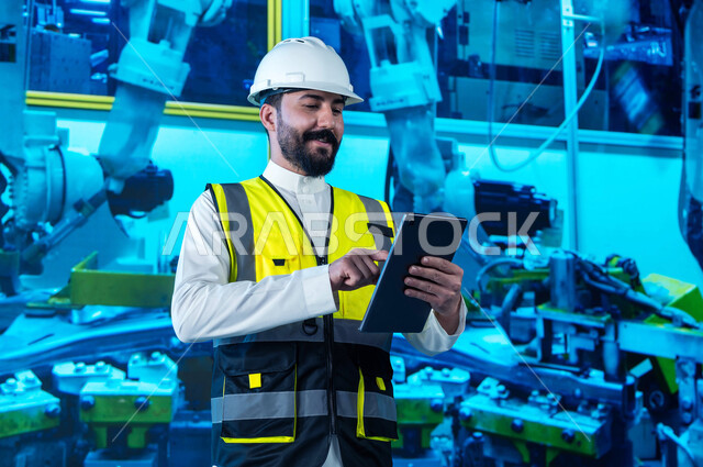 اعتماد الآليات و الذكاء الاصطناعي في الهندسة, كفاءة الإنتاج و التصنيع وتحقيق الثورة الصناعية, التحول و التطور التقني والتكنولوجي الحديث, مهندس عربي سعودي خليجي مبتسم  يتابع سير الأعمال بإستخدام جهاز التابلت, رؤية سعودية  مستقبلية 2030 