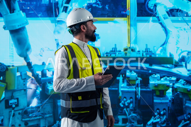 انتشار الهندسة الصناعية الحديثة في المملكة العربية السعودية, مهندس عربي سعودي خليجي يقوم بتشغيل خط الإنتاج عبر جهاز التابلت, التطور التقني والتكنولوجي الحديث, اعتماد الآليات و الذكاء الاصطناعي في الهندسات, كفاءة الإنتاج و التصنيع وتحقيق الثورة الصناعية.